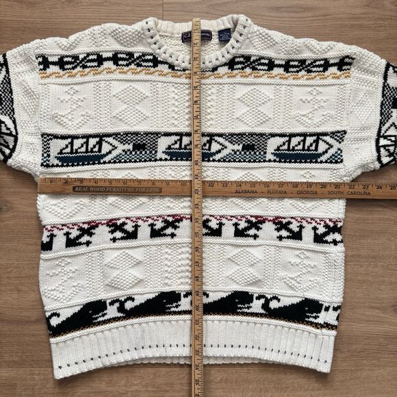 Vintage C.F. Hathaway Knit Sweater Mens Large Cream Boats Whale Cottagecore 90s - Picture 8 of 9